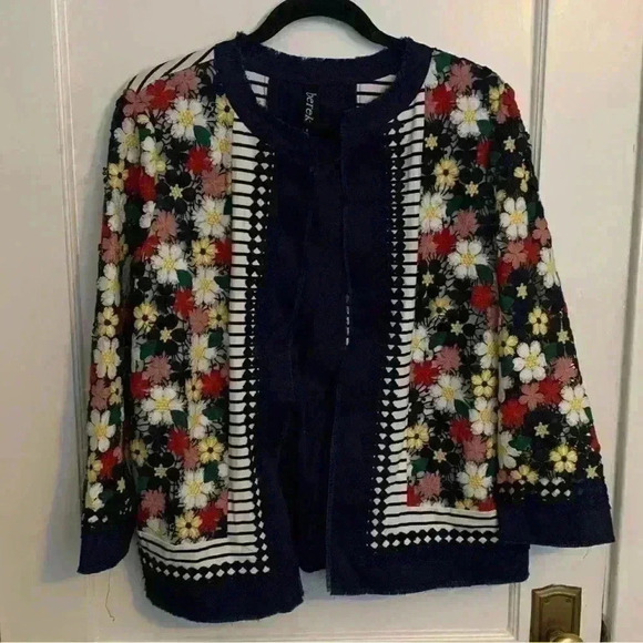 Berek Blue Lace Floral Striped Blazer Sweater Jacket, Womens Size Medium - Picture 2 of 9